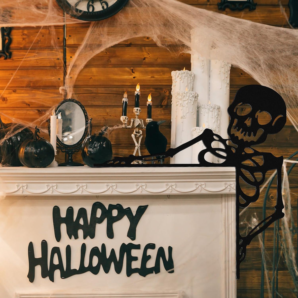 Yaocom 11.8" x 11.8" Metal Halloween Door Topper, Black Skeleton Sign