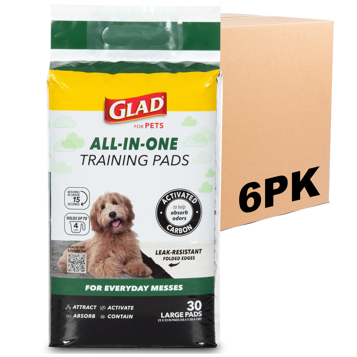 Glad for Pets Black Charcoal Puppy Pads - 6-Layer Leak-Proof Construction, Activated Carbon Odor Control, Pheromone Attractant - Disposable Dog Pee Pads for Potty Training, 23 x 23 in, 100 Count