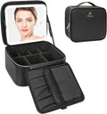 Relavel Travel Makeup Bag With LED Mirror, Cosmetic Train Case with Light up Mirror, Portable Makeup Artist Organizer Bag with Adjustable Dividers, Makeup Brush Holder Storage, Black