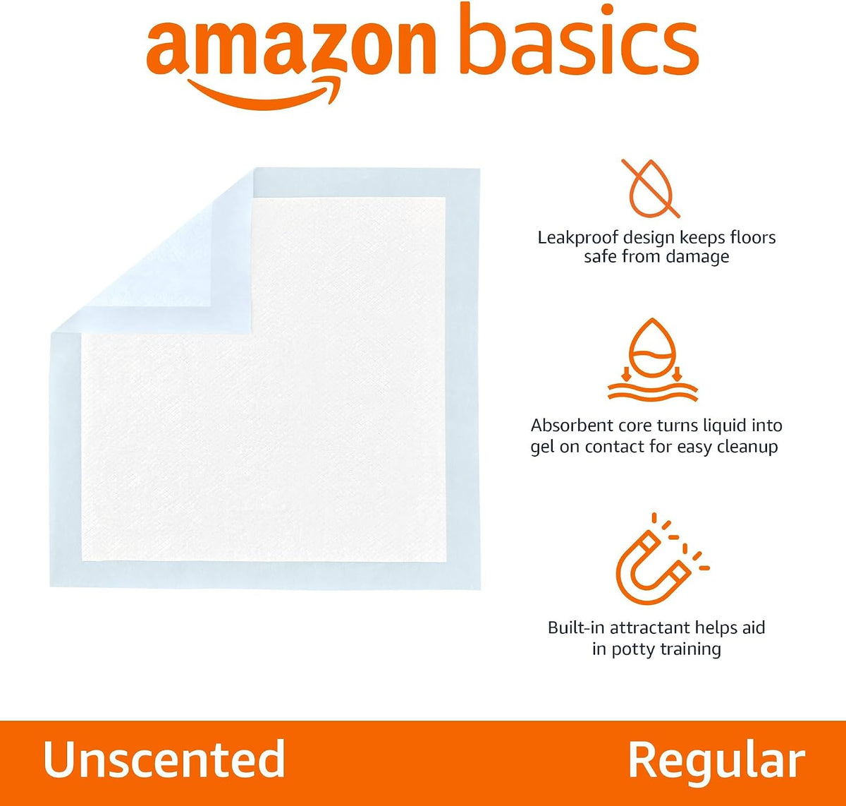 Amazon Basics Leak-Proof Dog and Puppy Potty Training Pee Pads with Quick-Dry 5-Layer Super Absorbent Surface for Dog Training, Floor Protection, Regular Size 22x22", Blue & White, 50 Count