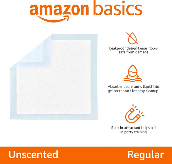 Amazon Basics Leak-Proof Dog and Puppy Potty Training Pee Pads with Quick-Dry 5-Layer Super Absorbent Surface for Dog Training, Floor Protection, Regular Size 22x22", Blue & White, 50 Count