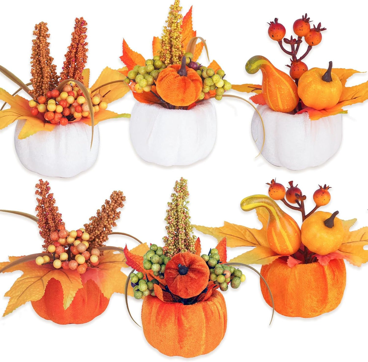 Velvet Fall Pumpkin Decor 6 Pcs, Artificial Fake Plastic Mini Pumpkins, Thanksgiving Halloween Home Table Indoor Decorations