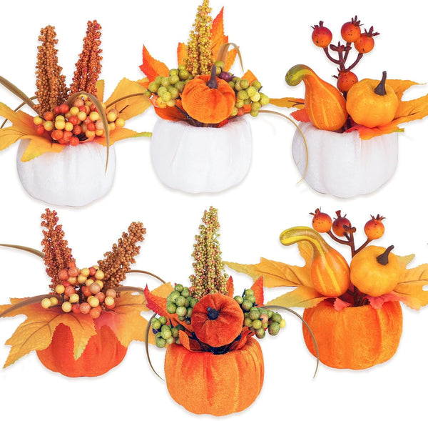 Velvet Fall Pumpkin Decor 6 Pcs, Artificial Fake Plastic Mini Pumpkins, Thanksgiving Halloween Home Table Indoor Decorations