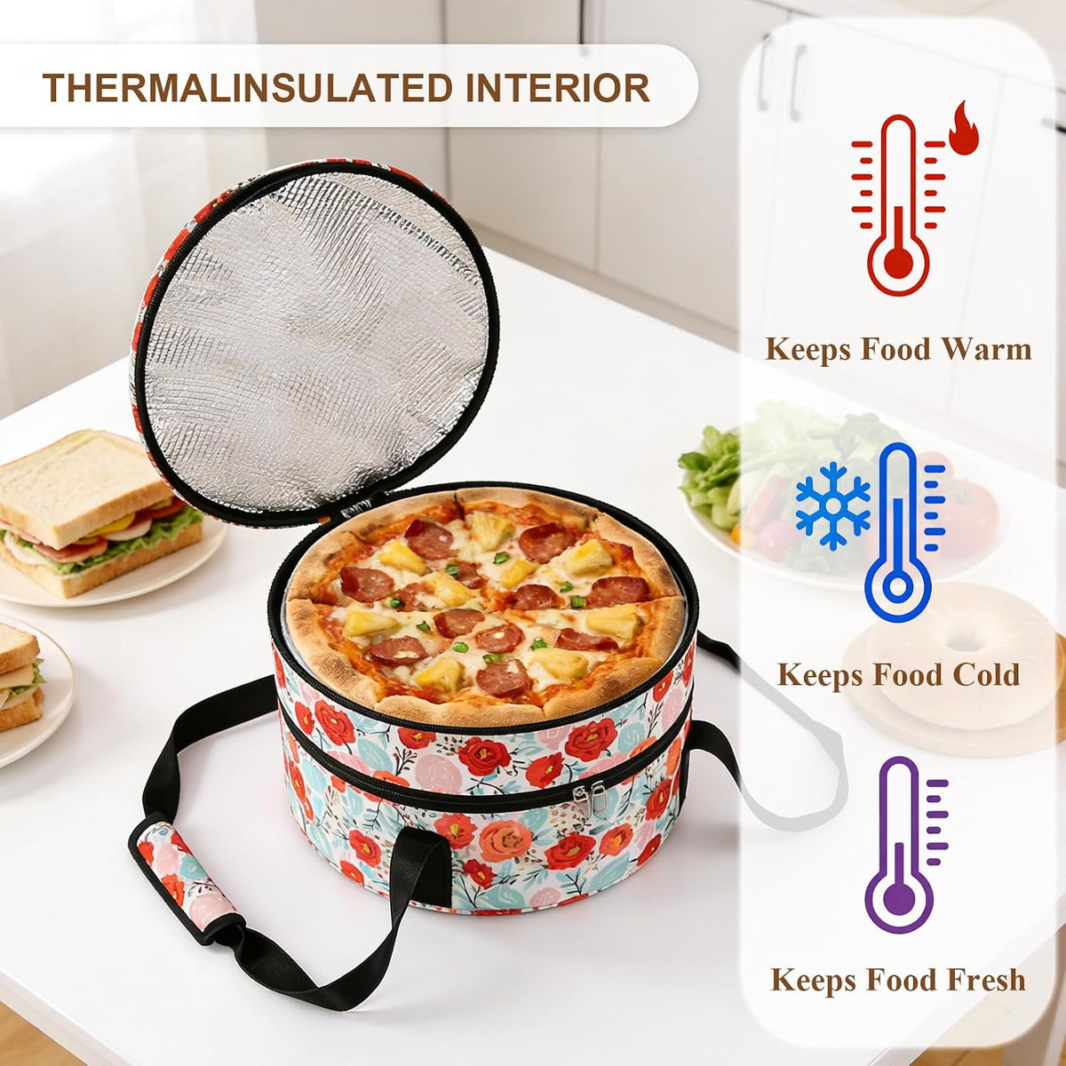 Round Insulated Double Casserole Carrier for Hot or Cold Food with Handle,Pie Carrier Bag,Insulated Lunch Bag for Travel Picnic Cookouts,Fits Pioneer Woman Kitchen Stuff and 12.5" Pie Pan