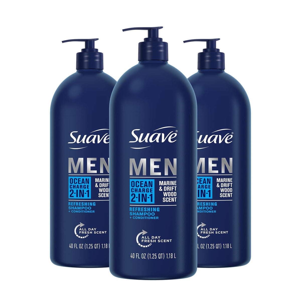 Suave Men Ocean Charge 2 in 1 Refreshing Shampoo & Conditioner with Pro Vitamin B5, Hydrates & Revitalizes Hair, Ocean Fresh Scent, 4 Count, 40 FL OZ Pump