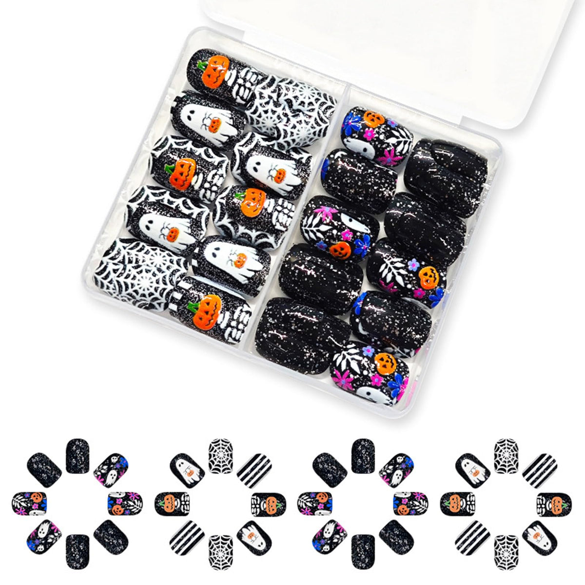 48Pcs Halloween Press on Nails Ghost Stick on Fingernails Monster Short Square False Nails Glossy Black Spider Web Acrylic Fake Nail Skull Gel Glue on Nail for Coquette Women Girls