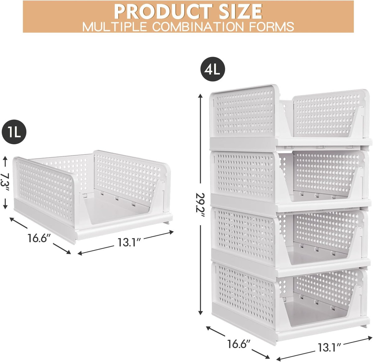 4 Pack Stackable Closet Storage Basket - Stackable Storage Bins | Multifunctional & Foldable Closet Organizer Waterproof, Wardrobe Cupboard Space-Saving Storage Drawer Organizer