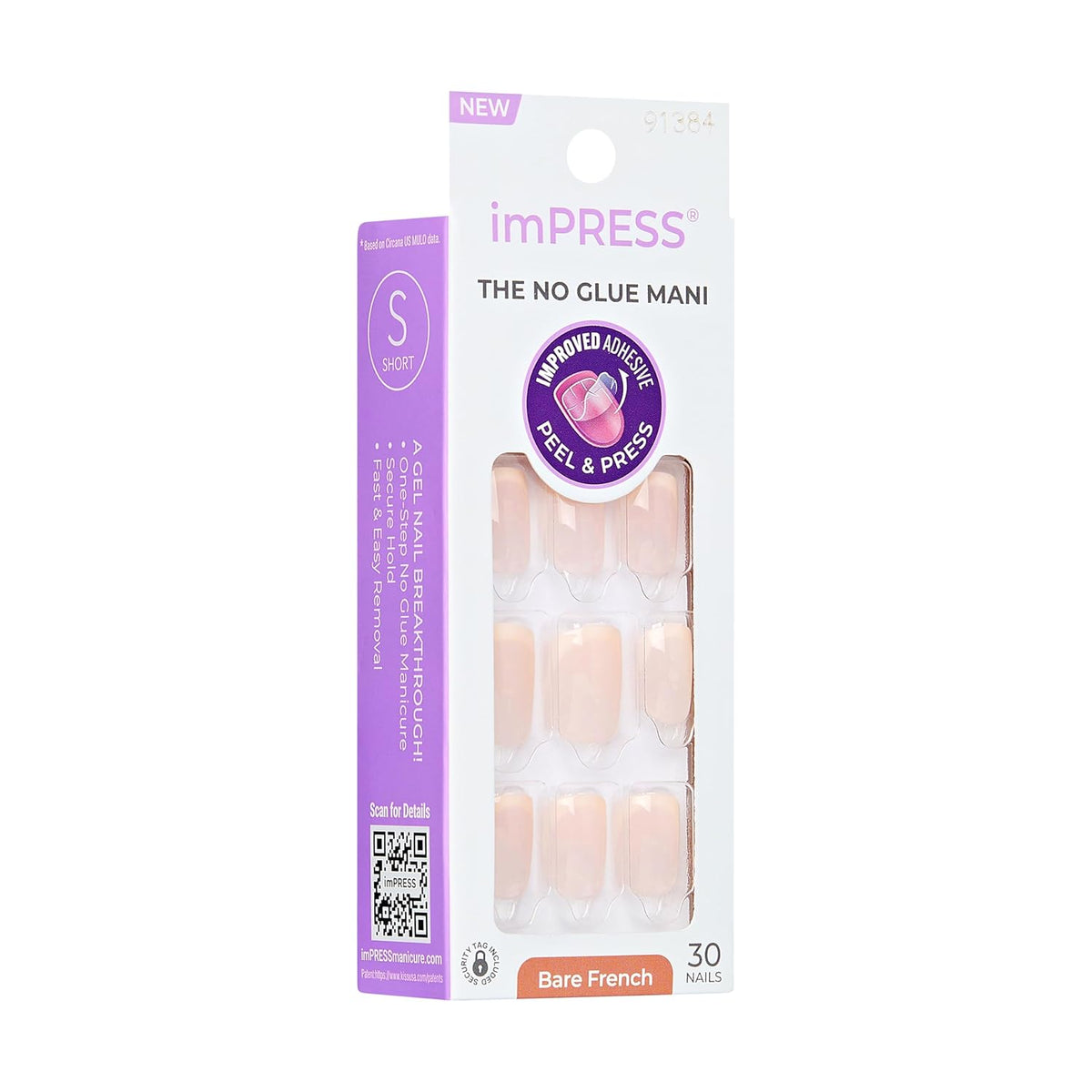 Kiss Impress No Glue Mani Press On Nails, Heroic, Bare French Manicure Kit, 30 Light Neutral + White, Squoval Short Nails with IMPROVED Adhesive, Includes Prep Pad, Manicure Stick & Mini File