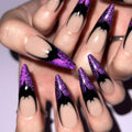 Halloween Long Stiletto Press on Nails Glossy Purple Glitter Acrylic False Nails 24Pcs Sparkly Fake Nail Black Bats Gel Glue on Nail French Tips Stick on Fingernails for Coquette Women Girls