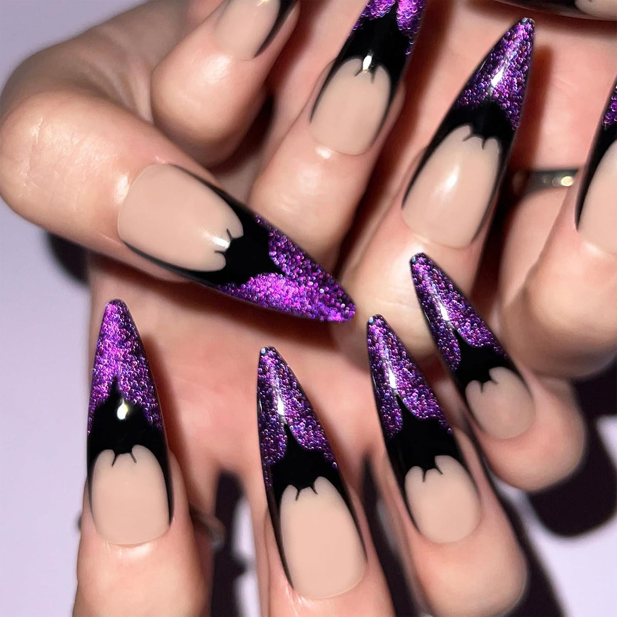 Halloween Long Stiletto Press on Nails Glossy Purple Glitter Acrylic False Nails 24Pcs Sparkly Fake Nail Black Bats Gel Glue on Nail French Tips Stick on Fingernails for Coquette Women Girls