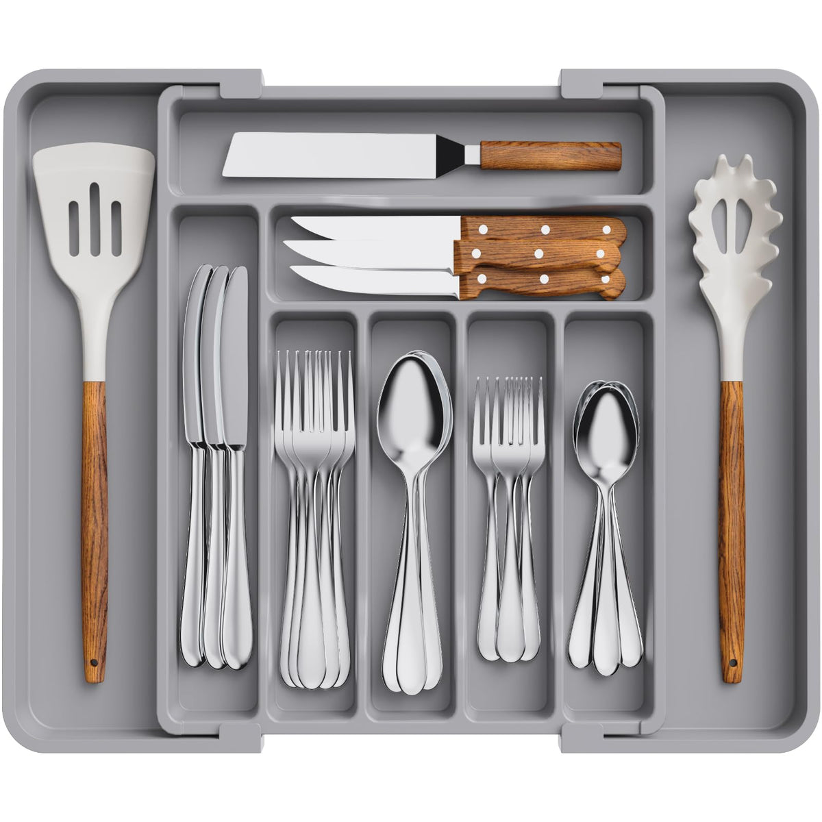 Lifewit Expandable Silverware Organizer, Plastic Utensil Tray for Kitchen Drawer, BPA Free Flatware Cutlery Holder, Space-Saving Storage for Spoons Forks Knives, 8-13.8 x 11.2 x 1.4 inch, Black