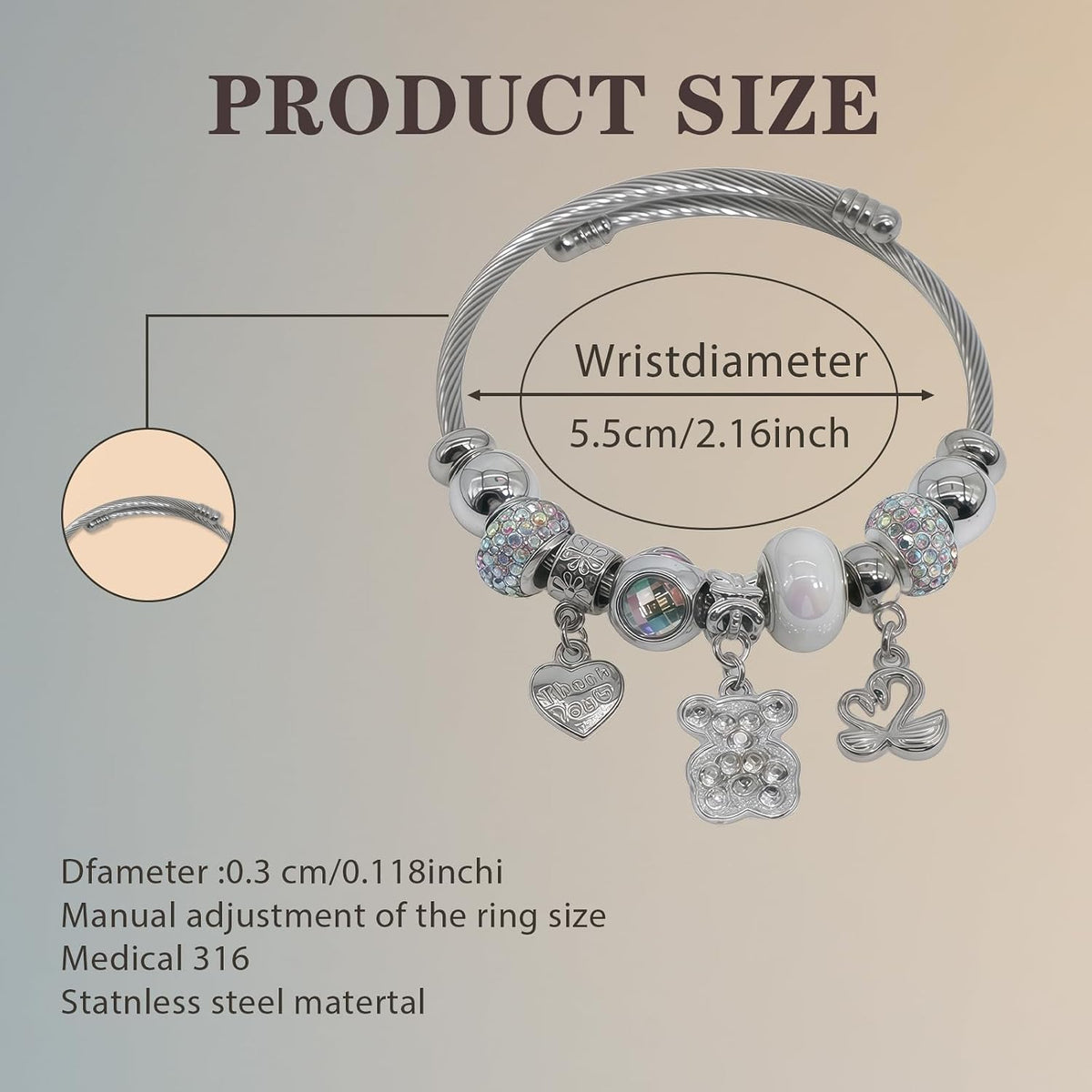Charm Bracelets for Womens,Exquisite Cute Cartoon Friendship Silver Bracelets Stainless Steel Bangle, Womens Jewelry Suitable for Holiday Gifts and Birthday Gifts