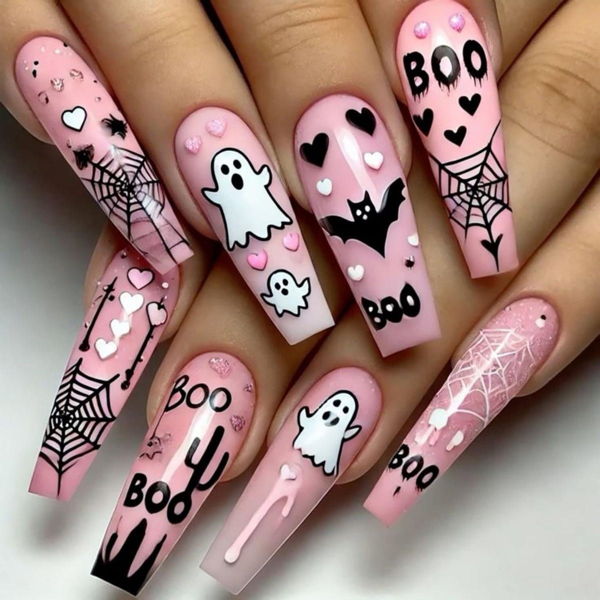 Pink Halloween Press on Nails Long Coffin Fake Nails Cute Ghost Bat Spider Web Design Glossy Acrylic Nails Reusable Stick on Nails Full Cover Artificial Nails Halloween Costume Party Daily Nail Decor