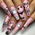 Pink Halloween Press on Nails Long Coffin Fake Nails Cute Ghost Bat Spider Web Design Glossy Acrylic Nails Reusable Stick on Nails Full Cover Artificial Nails Halloween Costume Party Daily Nail Decor