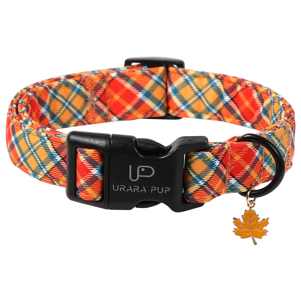Fall Plaid Dog Collar with Maple Leaf Charm – Adjustable Autumn Checkered Dog Collar for Small Medium Large Dogs, Soft Cotton Puppy Collars with Quick Release Buckle and Metal D-Ring
