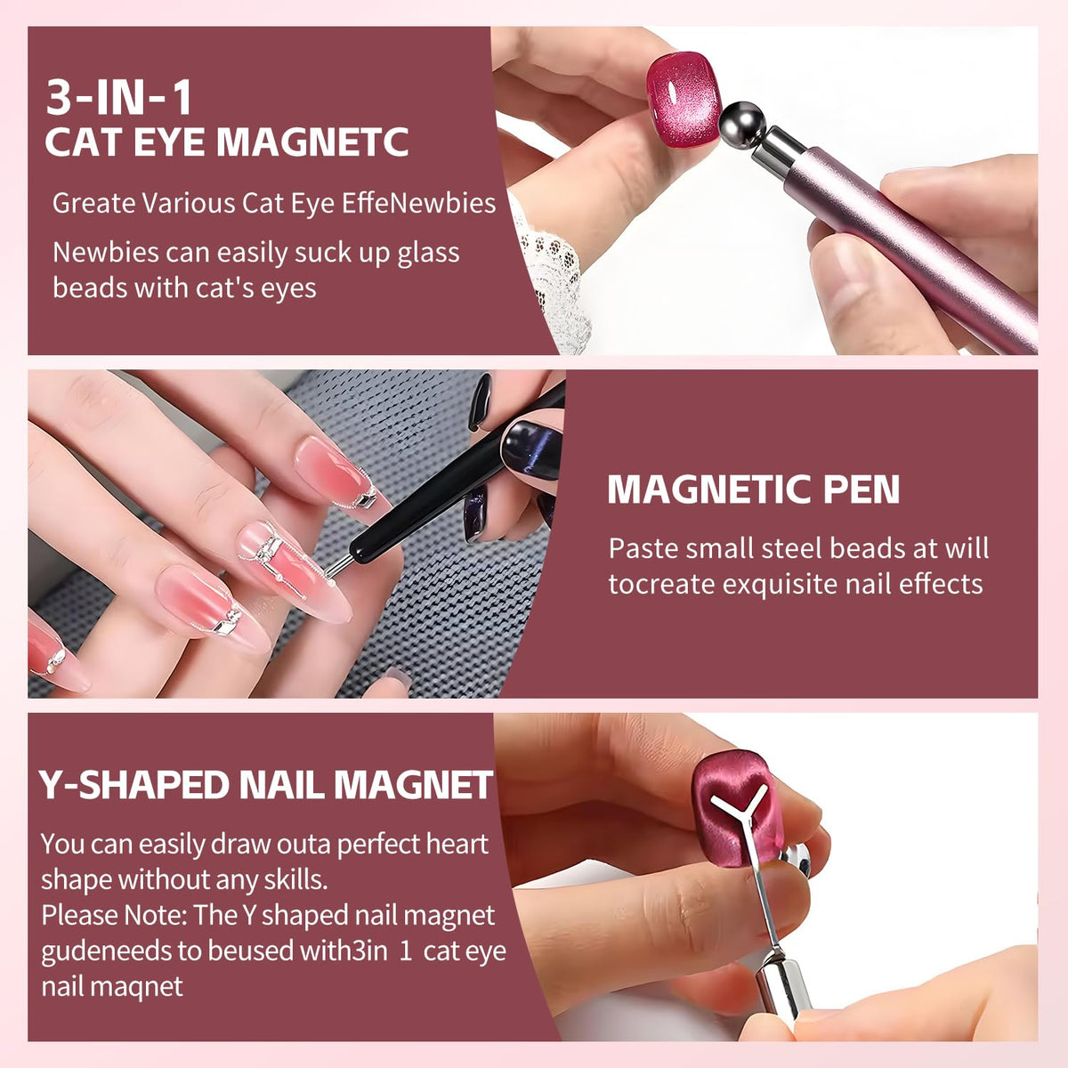 4-Piece Cat Eye Magnet Set – Black Bead-Attracting Nail Magnet Pen & Heart-Shaped Magnet for Nails, Nail Magnets for Nail Art, Cat Eye Magnet for Nail Art, Perfect for Home DIY, Nail Art Design
