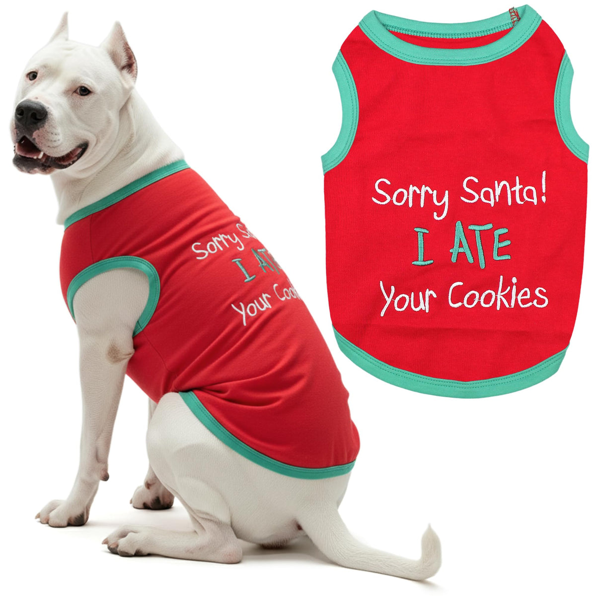 Parisian Pet Dog Tshirt - Embroidered “ Sorry Santa I Ate Your Cookies “ Dog Shirt - Lightweight Cotton Pet Christmas Outfit - Sleeveless Christmas Puppy Clothes - Shirts for Small Dogs - XXS