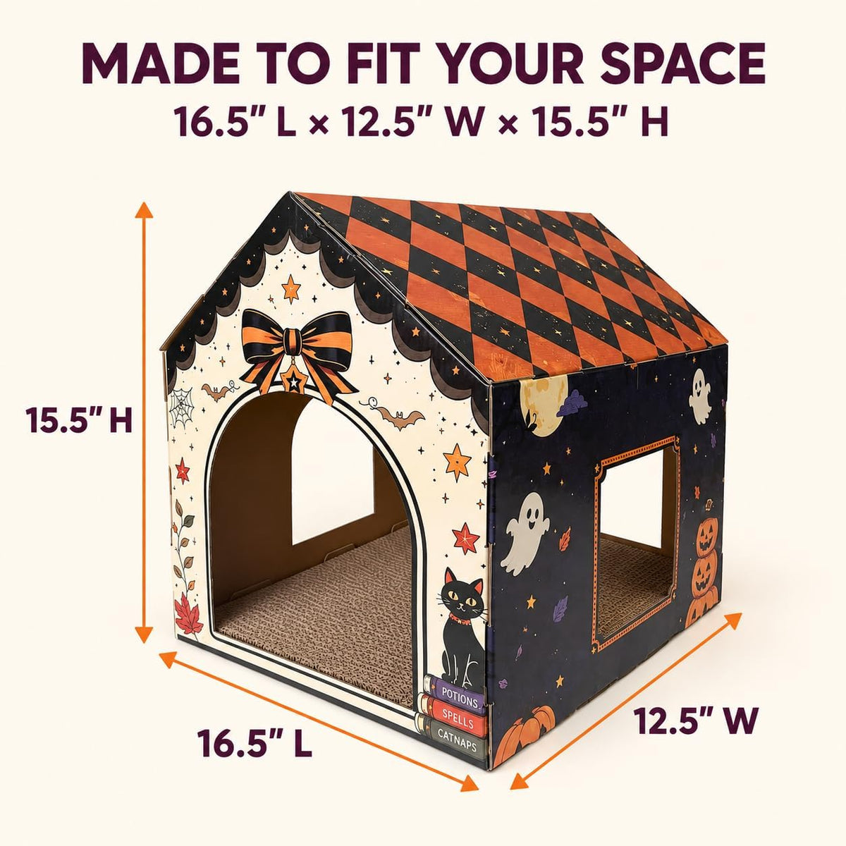 Halloween Cardboard Cat House with Scratcher Pad, 16.5 x 12.5 x 15.5 in