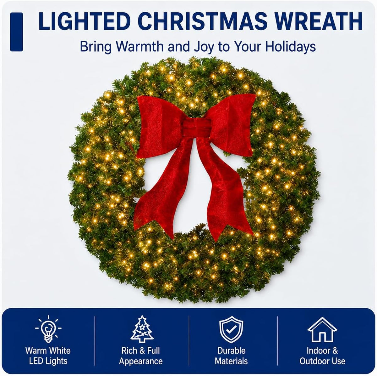 36in Large Pre-Lit Christmas Wreath with Bow, Artificial Greenery