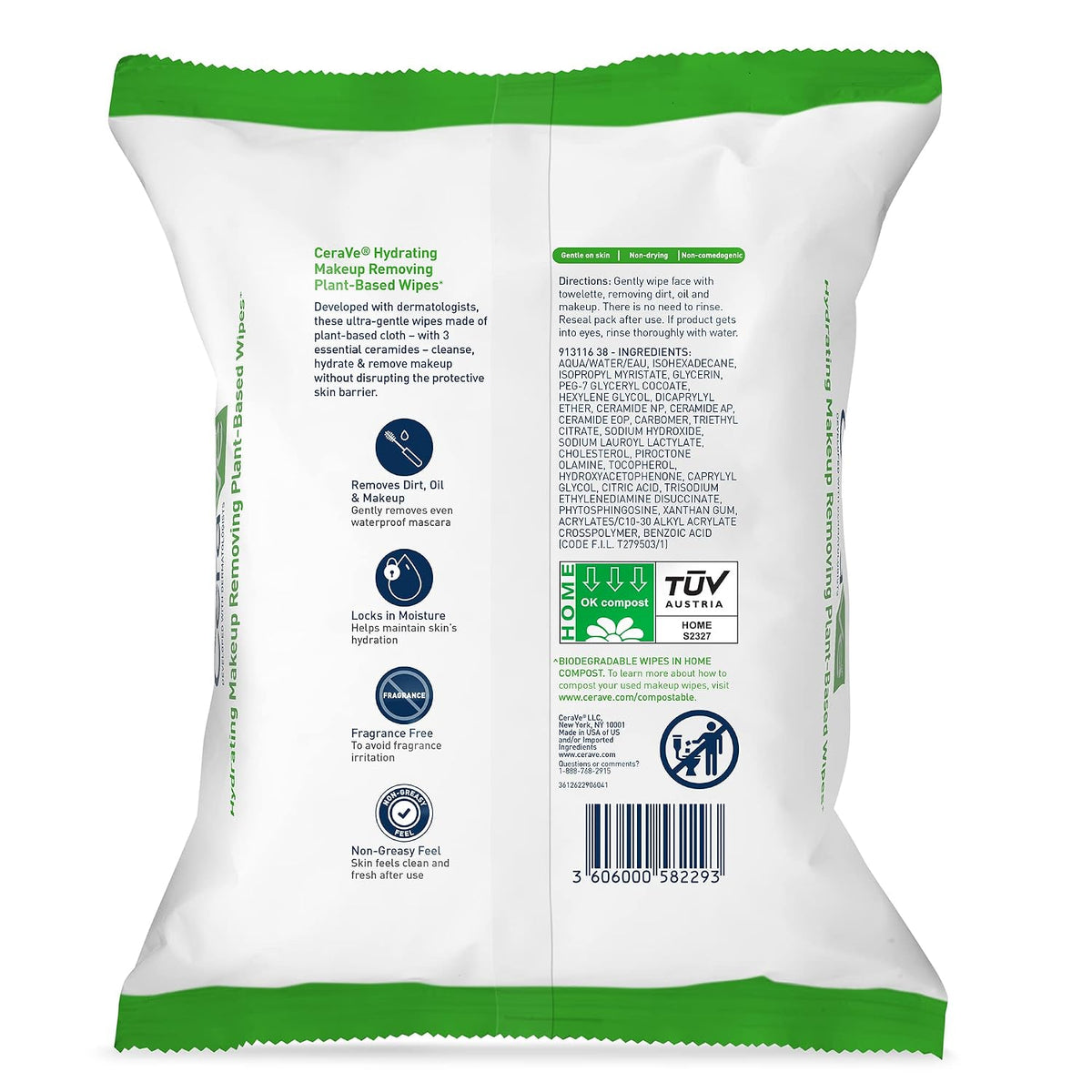 CeraVe Makeup Remover Wipes, Plant Based Face Wipes, Biodegradable in Compost, Waterless Face Wash, Travel Essentials for Women, Suitable for Sensitive Skin, Fragrance-free + Non-comedogenic, 25ct