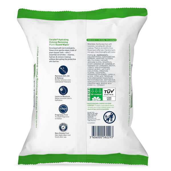 CeraVe Makeup Remover Wipes, Plant Based Face Wipes, Biodegradable in Compost, Waterless Face Wash, Travel Essentials for Women, Suitable for Sensitive Skin, Fragrance-free + Non-comedogenic, 25ct
