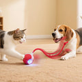 Smart Interactive Automatic Electric Rolling Moving Rechargeable Motion Activated Self Play Electronic Stimulation Chase Teaser Ball Toy with Rope for Indoor Bored Adult Cat and Dog, Red