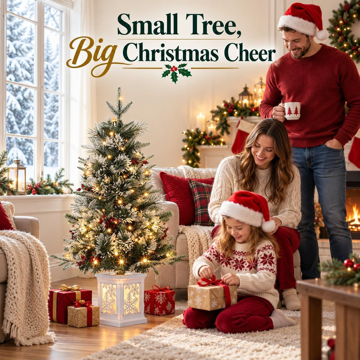 3 Ft Pre-Lit Christmas Tree, Artificial Christmas Tree with Base, Xmas Tree with Timer, Christmas Decoration for Home, Office, Easy Assembly
