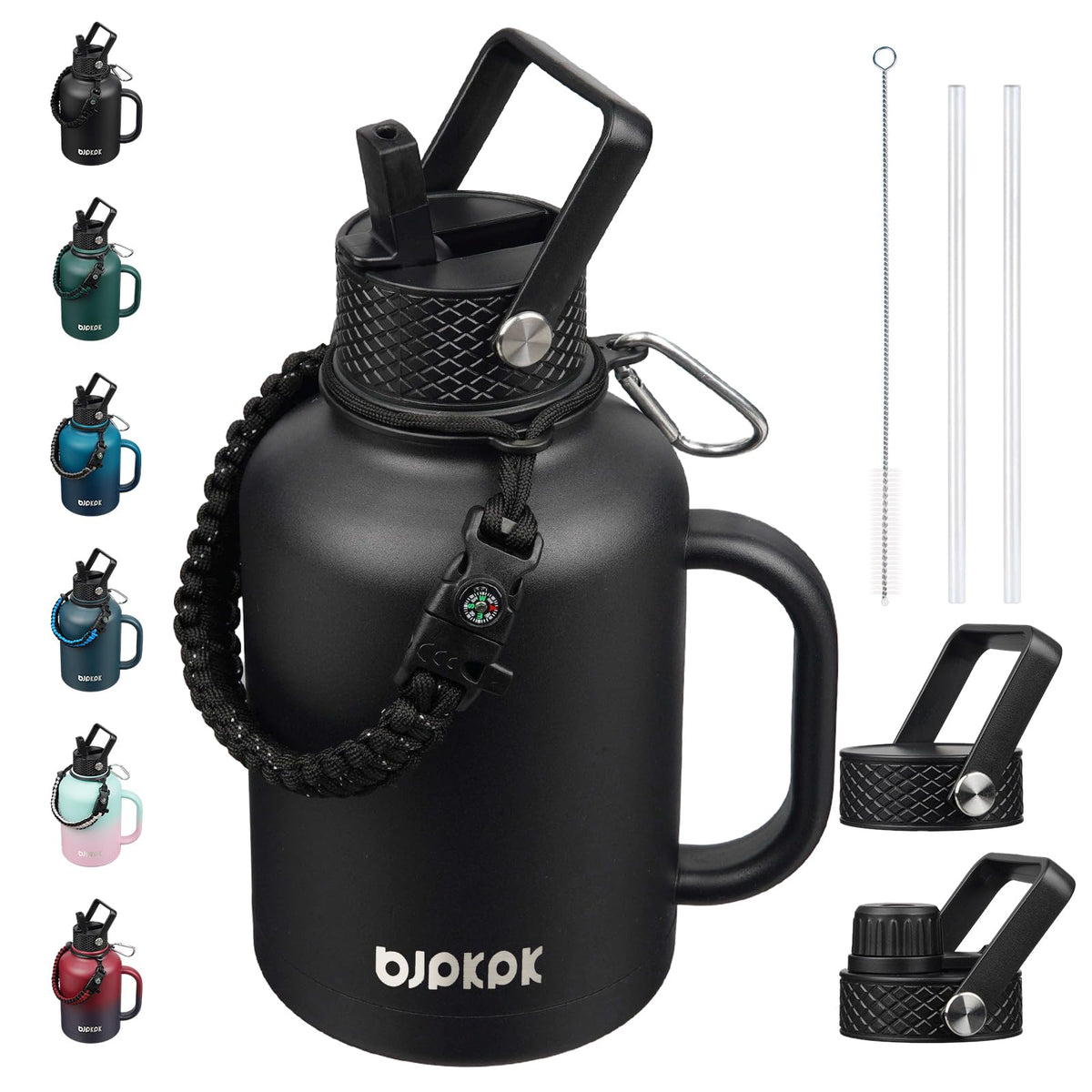 BJPKPK Half Gallon Insulated Water Bottles with Straw Lid & Side Handle, 64oz Large, Stainless Steel Water Bottles with 3 Lids and Paracord Strap, Metal Water Jug,Black