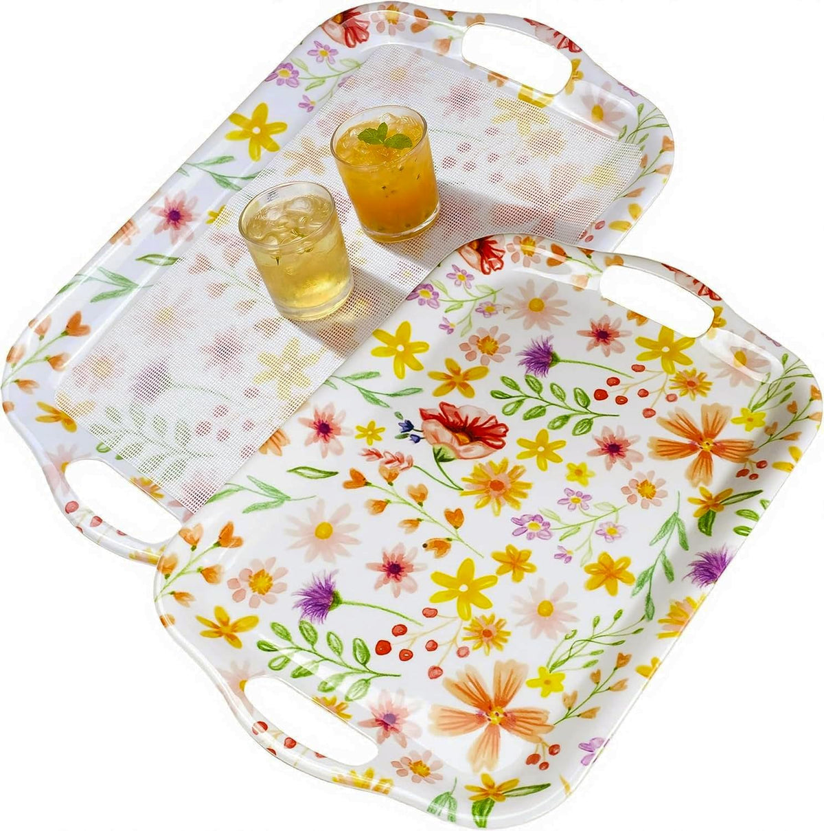 Thanksgiving Serving Trays with Handles, 19 x 11.6 Inch, Set of 2, Bamboo Fiber Serving Platter, Dishwasher Safe, with Removable Silicone Mats, Turkey and Fall Plaid