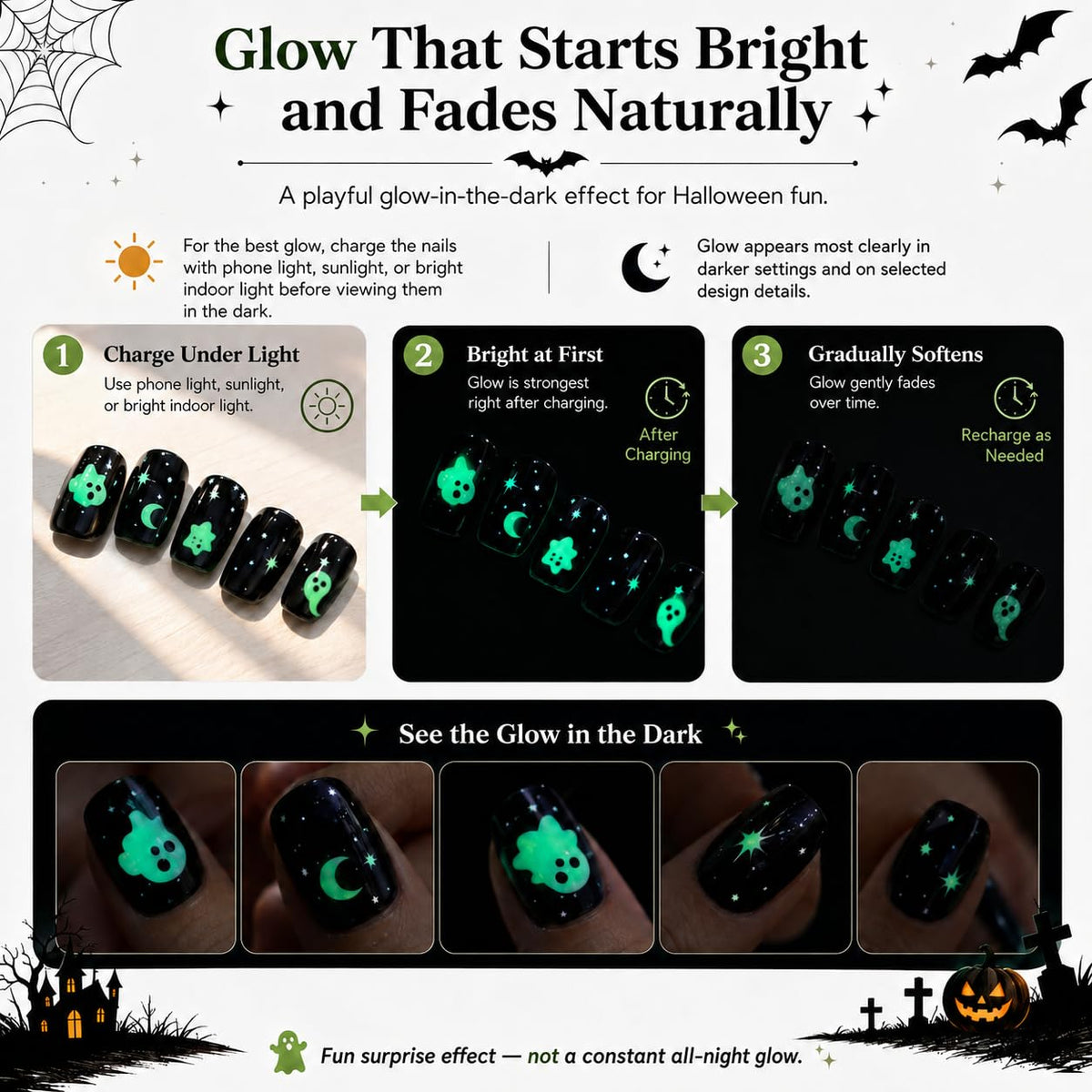 CurvLife Short Square Halloween Glow-in-the-Dark Press On Nails