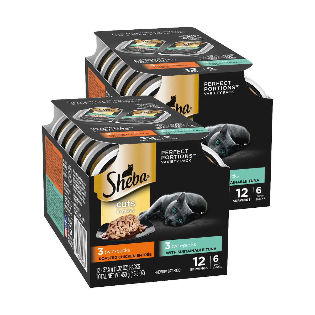 Sheba Perfect Portions Wet Cat Food Cuts in Gravy, Cat Food Wet Recipe, Roasted Chicken Entree, with Sustainable Salmon, Tender Turkey Entree, 2.6 oz. Twin-Pack Trays (24 Count, 48 Servings)