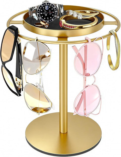 LSK Metal Sunglasses Organizer, Glasses Holder Stand with Storgae Tray, Eyeglasses Holder with Anti-Slip Pads for Tabletop, Desk, Dresser, Gold