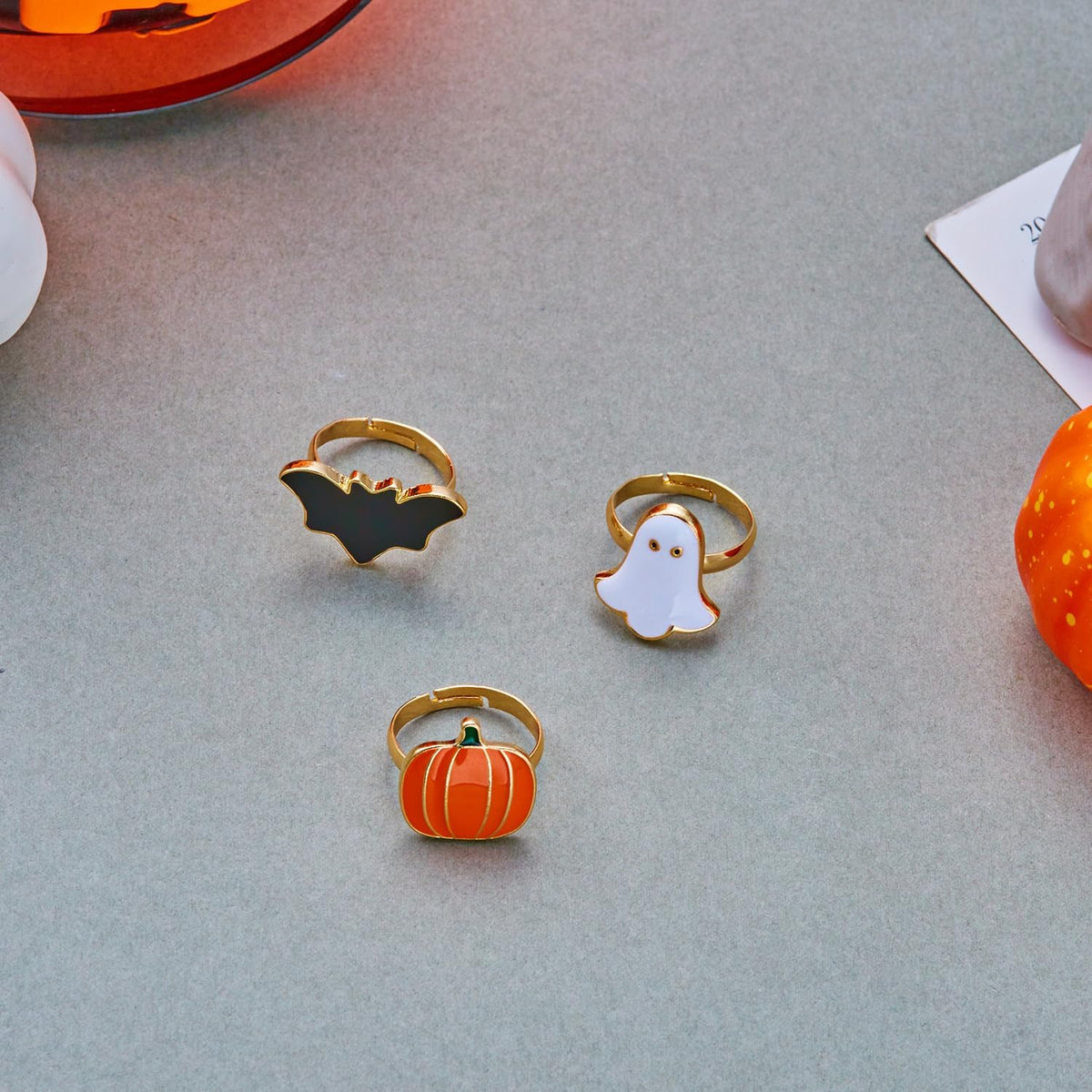 MALOYANVE 3Pcs Halloween Rings Set Pumpkin Ghost Bat Enamel Open Ring