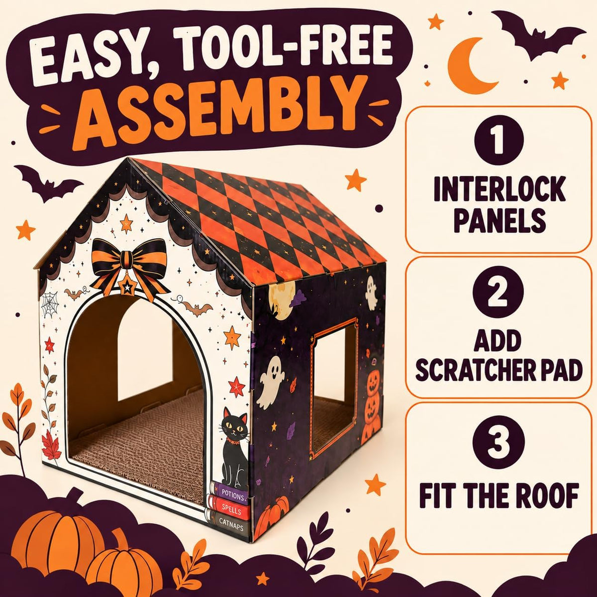 Halloween Cardboard Cat House with Scratcher Pad, 16.5 x 12.5 x 15.5 in