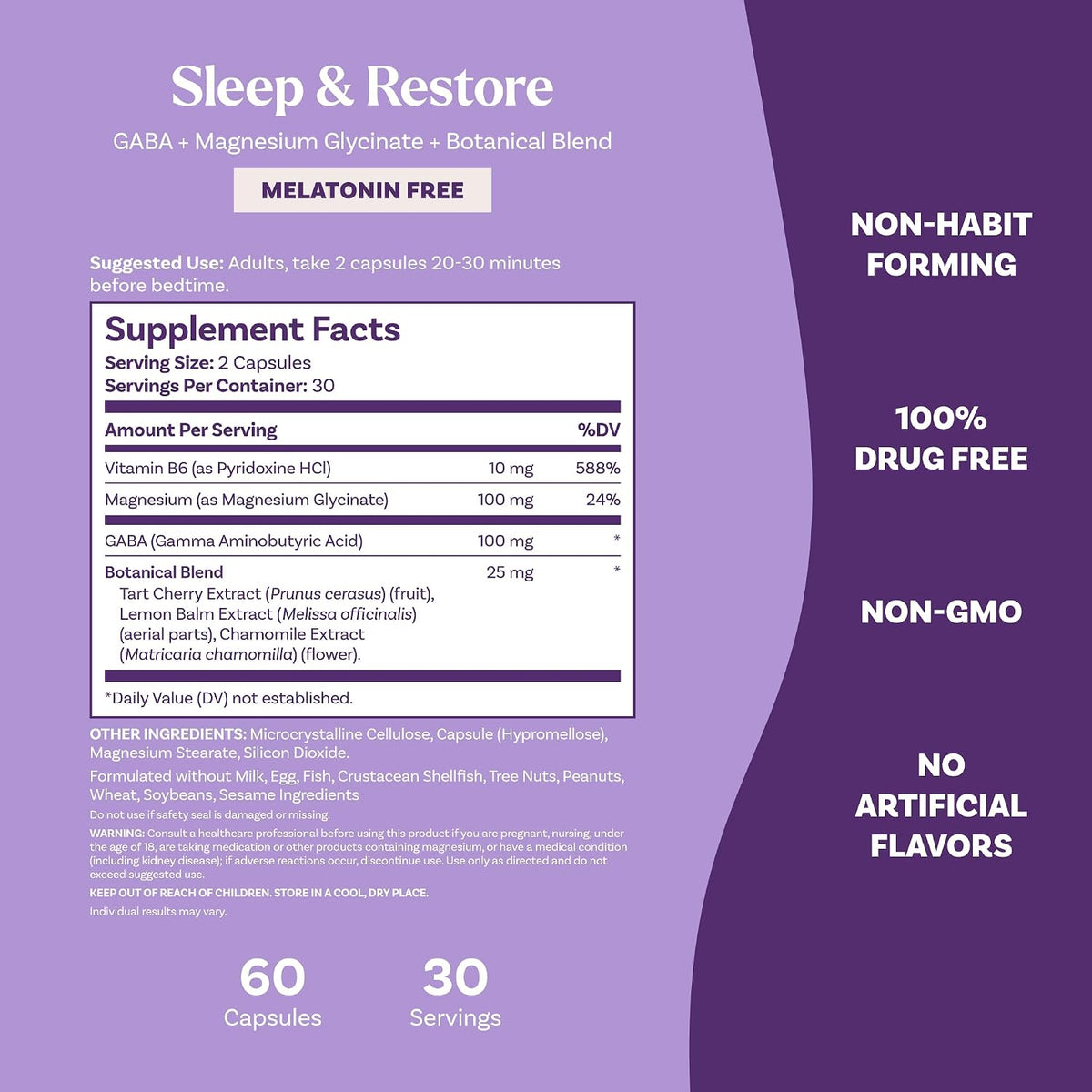 Natrol Sleep & Restore Magnesium Glycinate 100 mg, Melatonin-Free, 60 Count | Melatonin-Free Capsules, Nightitme Sleep-Aid for Adults, Calm Magnesium Glycinate with GABA, Botanical Blend, 100% Drug-Free