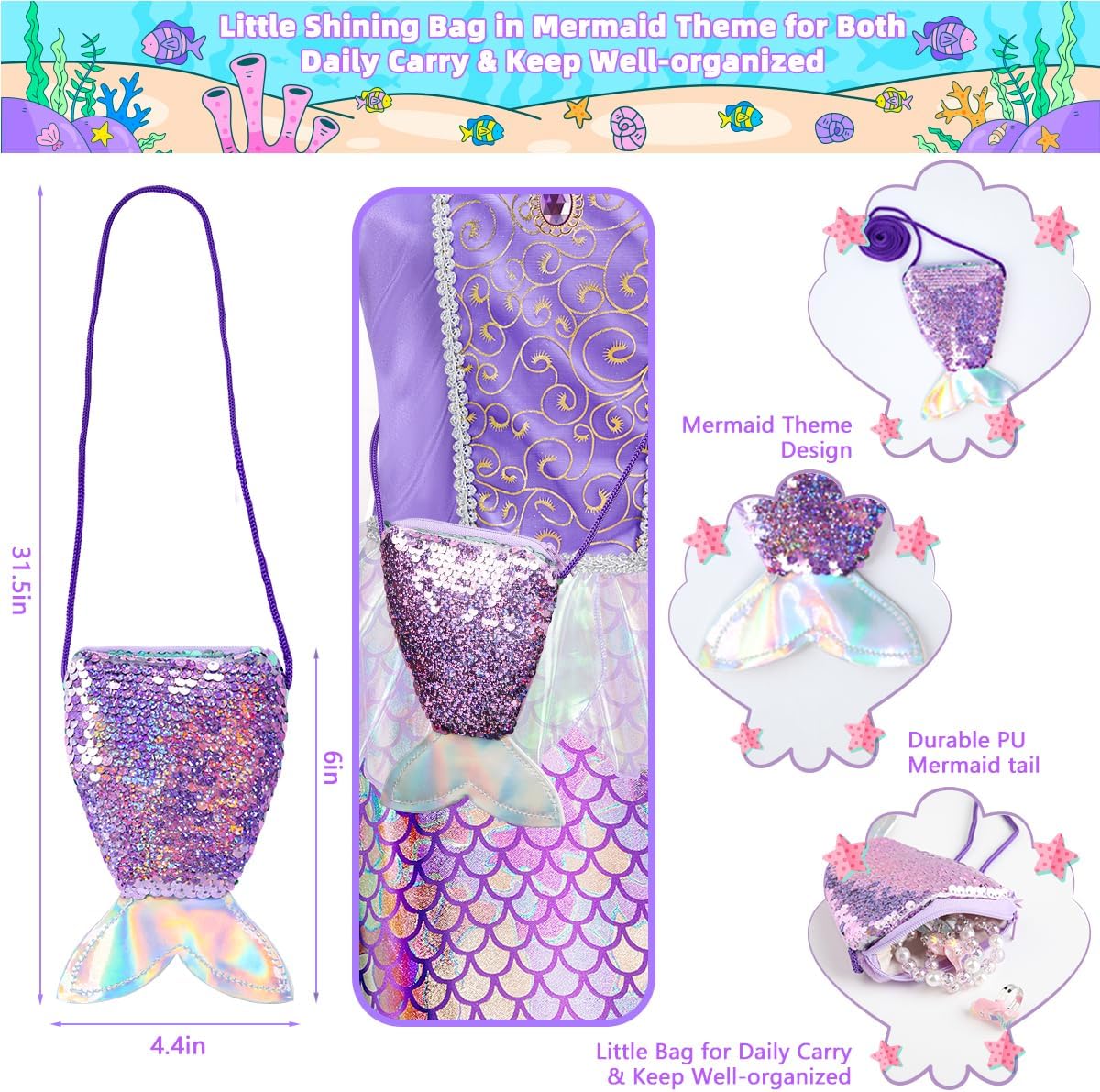 Meland Mermaid Dress for Girls Age 3-10, Princess Dress Up Costume Toy Gift