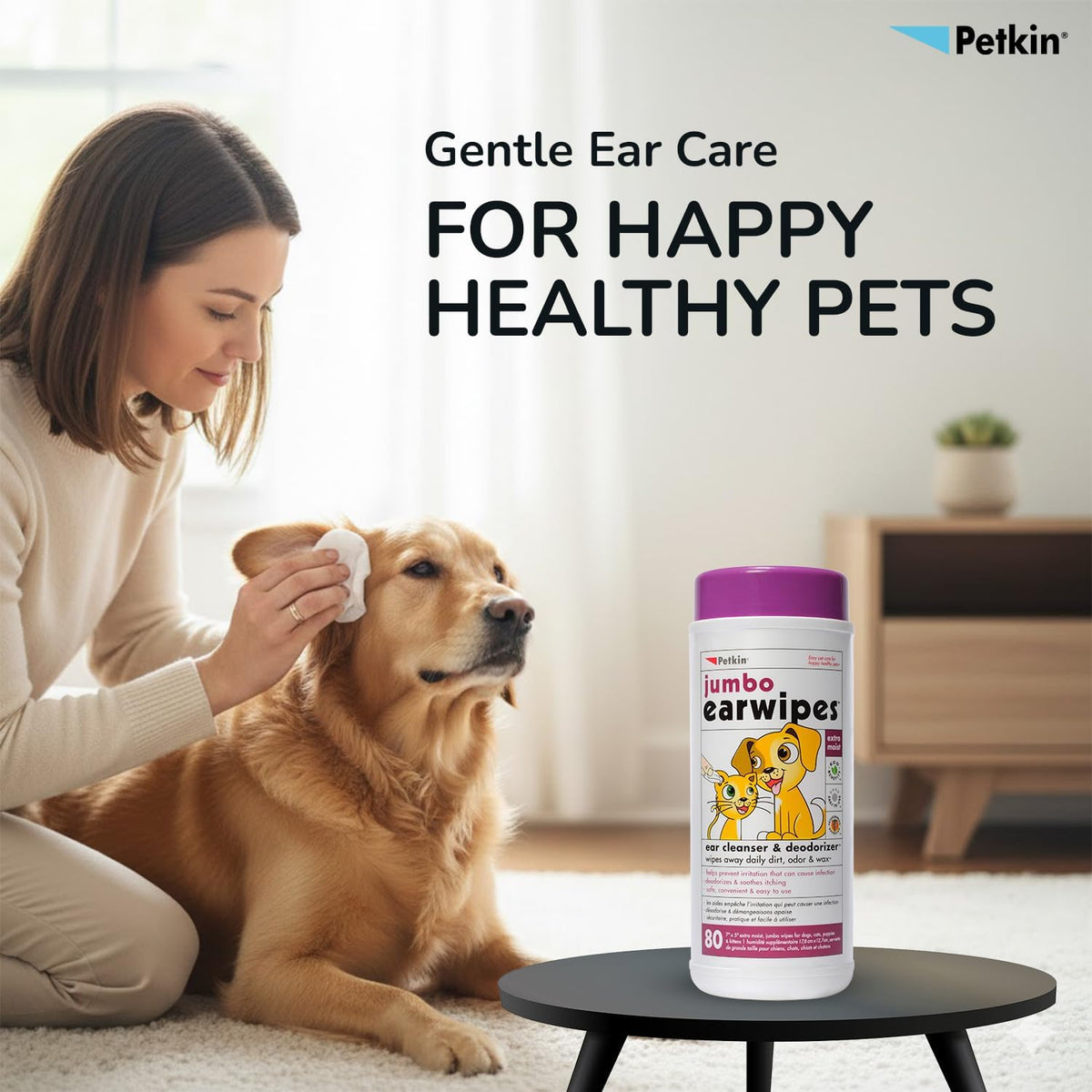 Petkin Jumbo Pet Ear Wipes, 80 Extra Moist Wipes - Soothing & Deodorizing Pet Ear Cleaner to Remove Dirt, Odor, & Wax - Safe, Convenient, & Easy to Use Pet Wipes for Dogs, Cats, Puppies & Kittens