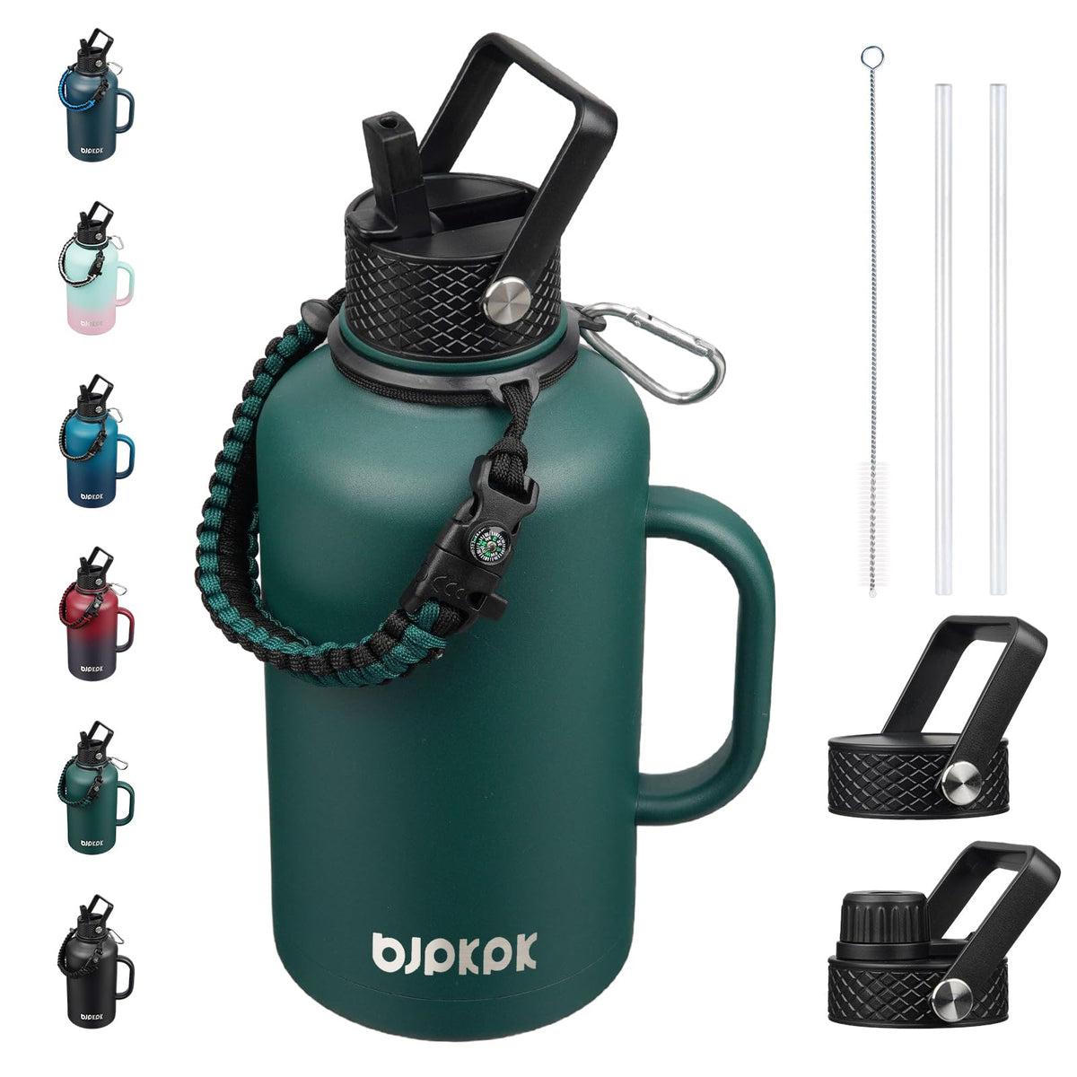 BJPKPK Half Gallon Insulated Water Bottles with Straw Lid & Side Handle, 64oz Large, Stainless Steel Water Bottles with 3 Lids and Paracord Strap, Metal Water Jug,Black