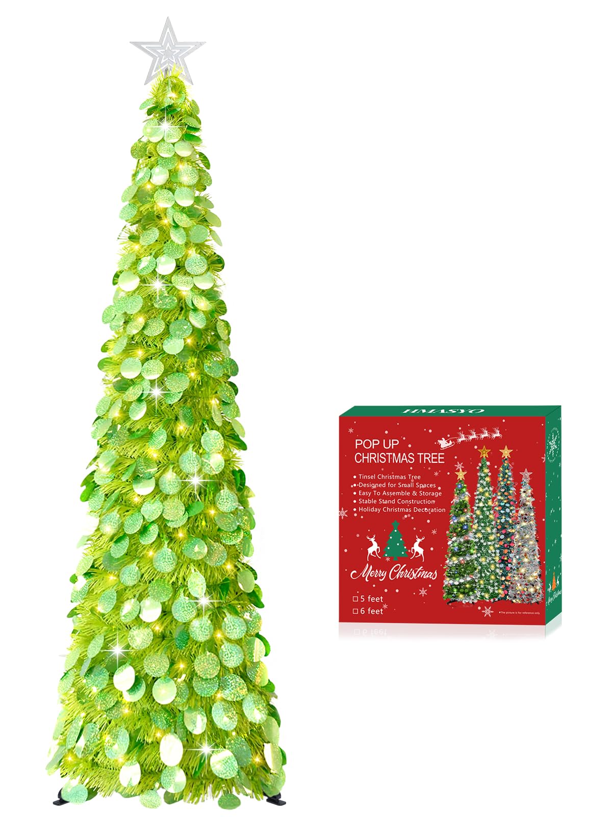 HMASYO 6 FT Pop Up Christmas Tree with 100 LED Timer Lights & Remote, Green Christmas Tinsel Tree, Collapsible Artificial Pencil Tree for Home Office Party Decor, USB Powered, Easy Assembly