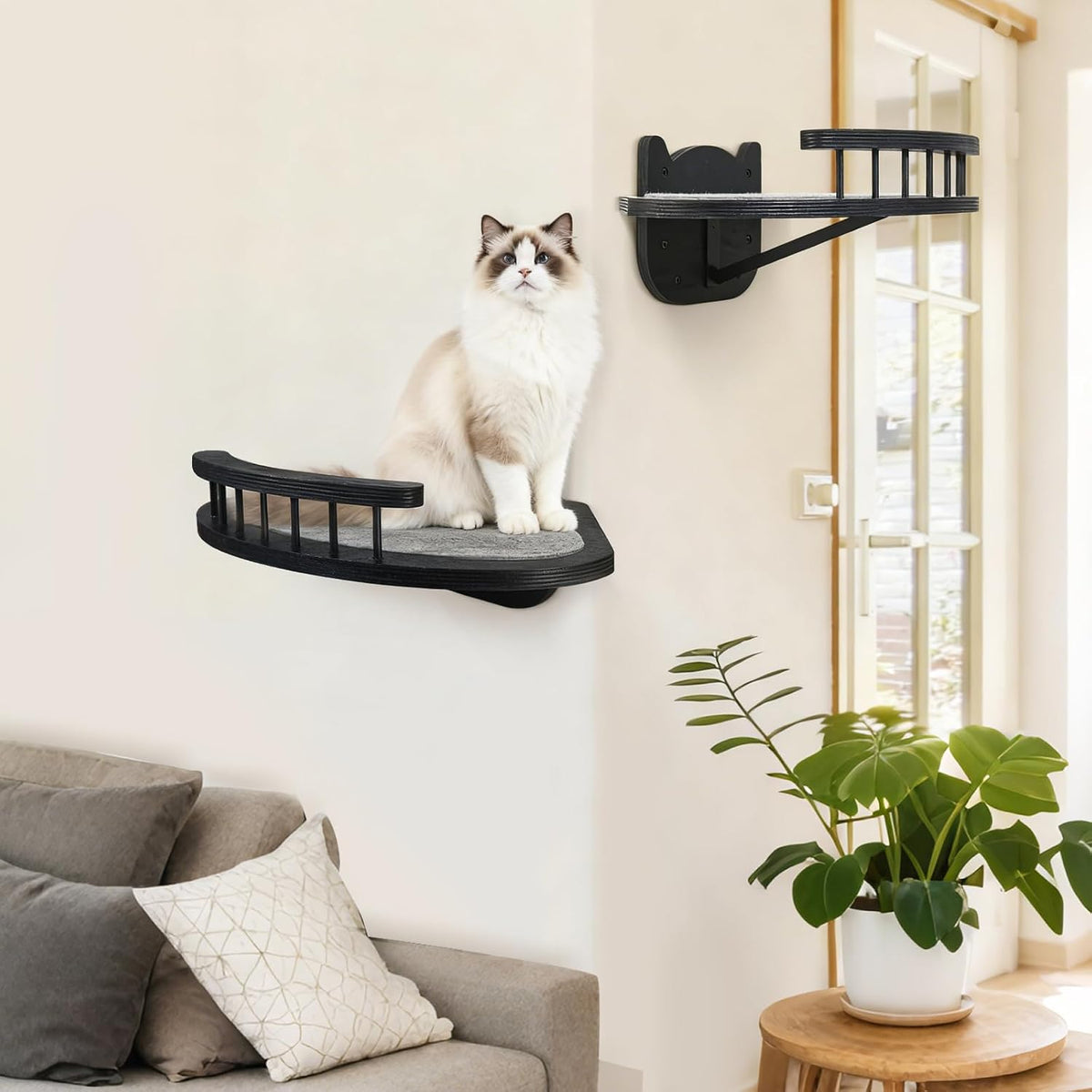 Cat Wall Shelves Furniture Set with Scratching Pad，Wooden Cat Climbing Wall Systems with 2 Perches and 3 Steps, Floating Shelves Bed Wall Mounted for Indoor Fit Up to 15Lbs (Black)