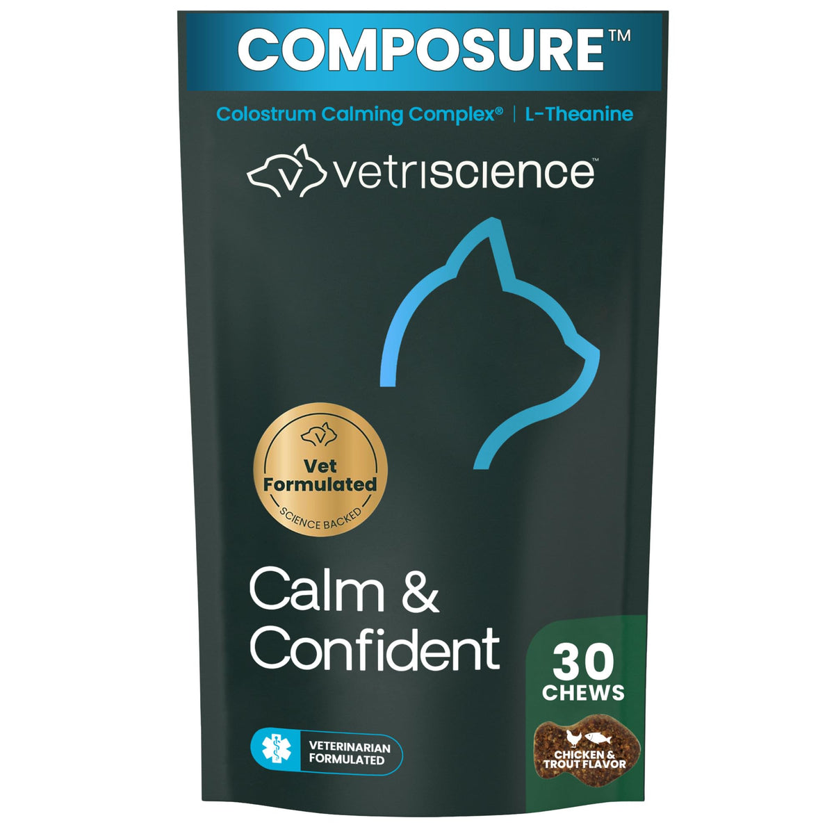 VetriScience Composure Calming Chews for Cats – Supports Relaxation & Balanced Behavior During Travel & Vet Visits, Daily Stress & Anxiety Support Supplement, Chicken Flavor, 30 Count