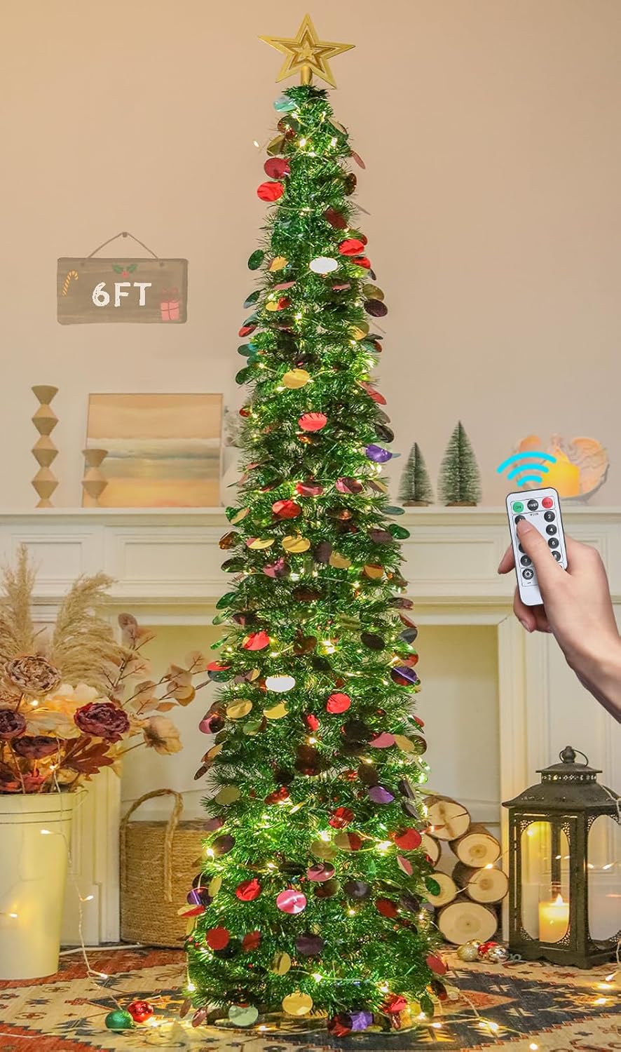 HMASYO 6 FT Pop Up Christmas Tree with 100 LED Timer Lights & Remote, Green Christmas Tinsel Tree, Collapsible Artificial Pencil Tree for Home Office Party Decor, USB Powered, Easy Assembly