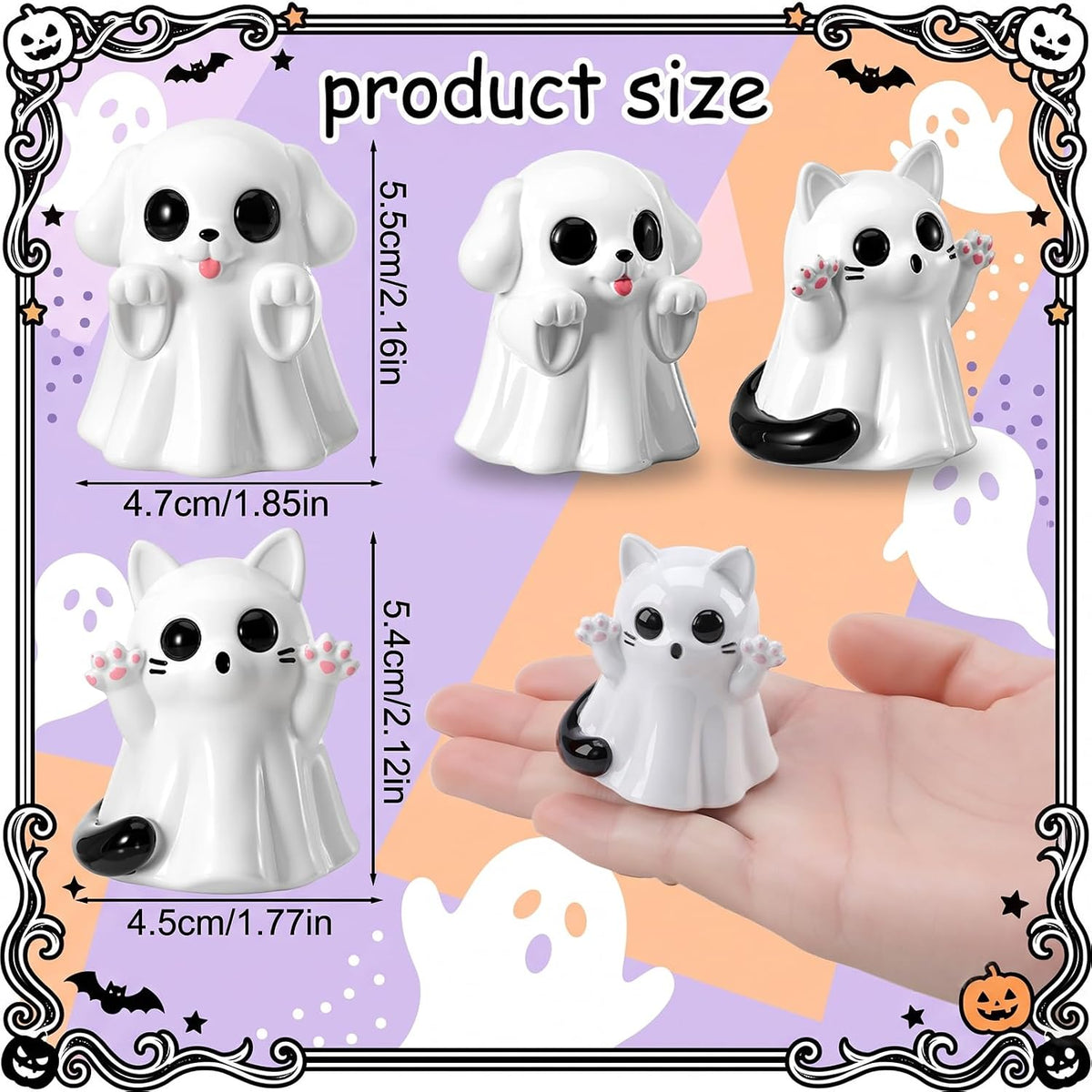2Pcs Halloween Dog Cat Ghost Resin Figurines Statues Cute Spooky