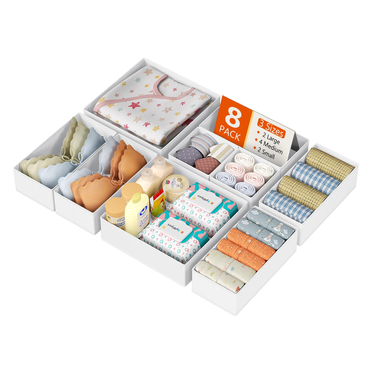 DIMJ Drawer Organizer Clothes, 12 Pack Dresser Organizer, Foldable Closet Organizers and Storage, Fabric Dresser Bins, Drawer Dividers for Nursery, Baby Clothes, Underwears, Sock (Beige)