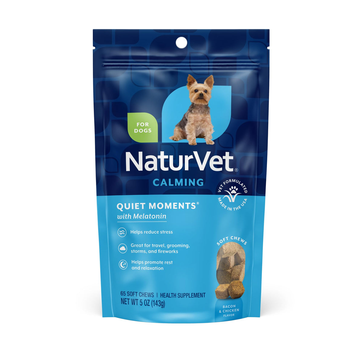 NaturVet Quiet Moments Calming Dog Supplement, Dog Soft Chews with Melatonin to Help Reduce Stress from Storms, the Vet, Fireworks, and Travel, Bacon and Chicken Flavored Pet Supplement, 70 Count Jar