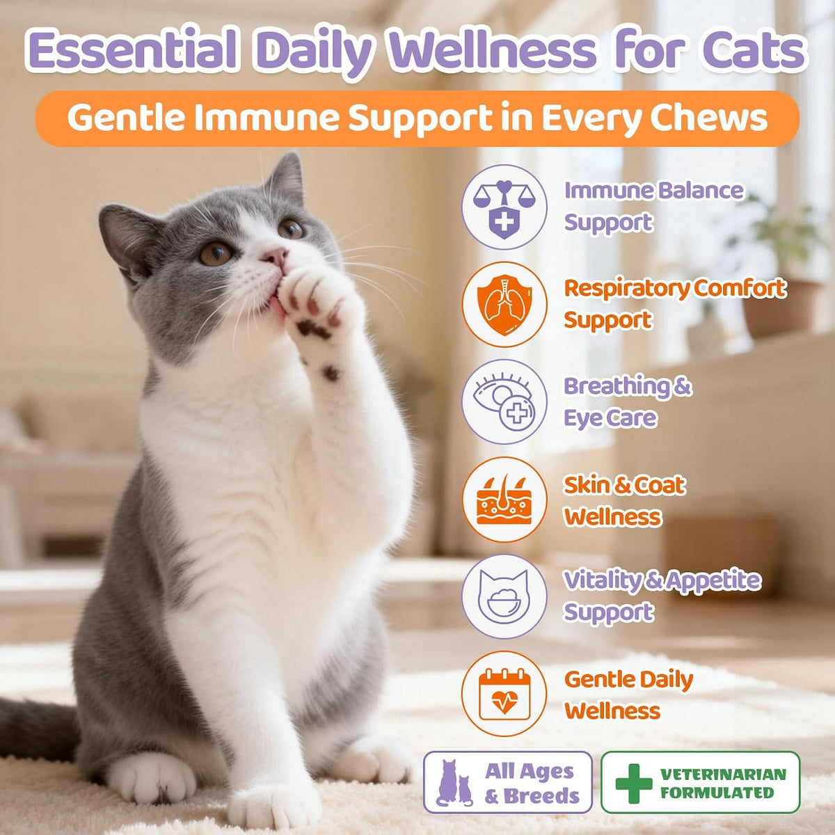 Lysine for Cats, 500ct Cat Immune Support Chews, L-Lysine Supplement for Cats with Colostrum, Omega-3, Soothes Sneezing, Runny Nose & Upper Respiratory Support, Crunchy & Creamy, Chicken Krill Flavor