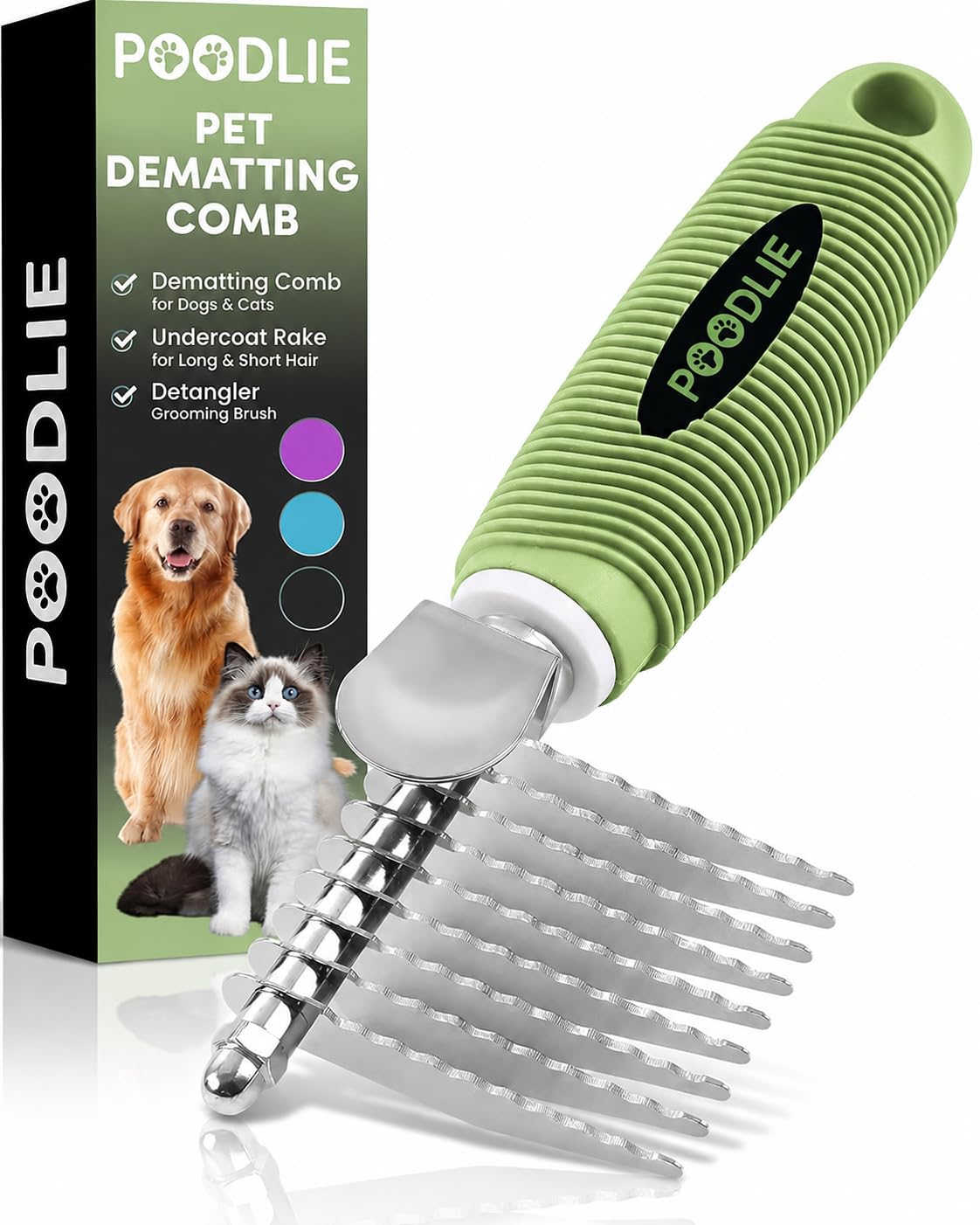 Poodle Pet Detangling Pet Comb with Long & Short Stainless Steel Teeth for Removing Matted Fur, Knots & Tangles – Detangler Tool Accessories for Safe & Gentle DIY Dog & Cat Grooming