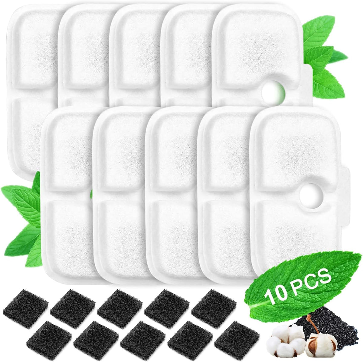 Cat Water Fountain Filters,10 Pack Replacement Compatible with 2.5L/84oz Dockstream Cat Fountain PLWF005/PLWF115/PLWF105(10 Triple Action Filters&10 Sponges)