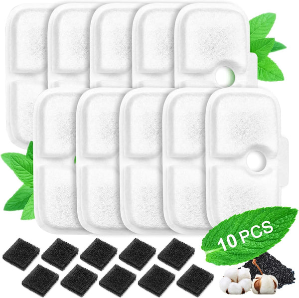 Cat Water Fountain Filters,10 Pack Replacement Compatible with 2.5L/84oz Dockstream Cat Fountain PLWF005/PLWF115/PLWF105(10 Triple Action Filters&10 Sponges)