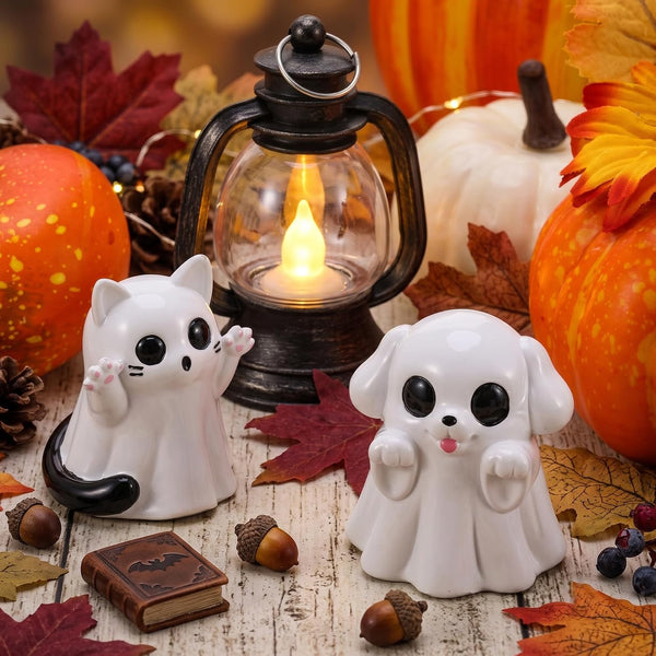 2Pcs Halloween Dog Cat Ghost Resin Figurines Statues Cute Spooky